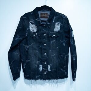 New Lucky & Blessed Black Distressed Skull Denim Jacket Size Small